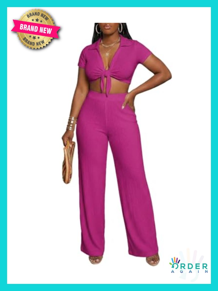 V Neck Crop Top Wide Leg Pant Set 2 Piece Summer Vacation Outfit